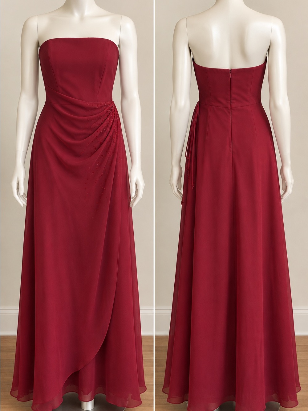 Mori Lee Strapless Wine-Red Evening Gown with Draped Side